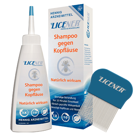 Produktfoto des Hennig-Produktes Licener. Ein Shampoo gegen Köpfläuse und ein Läusekamm, jeweils mit dem Logo und Schriftzug von Licener.