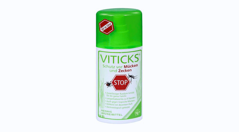 Produktbild von Viticks, einem All-in-One Spray mit dem Wirkstoff Icaridin zum Schutz vor Mücken, Zecken, Grasmilben und anderen Insekten.