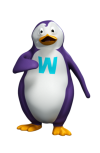 Ein Animierter Pinguin mit einem hellblauen W auf der Brust erklärt die Anwendung von Wortie.